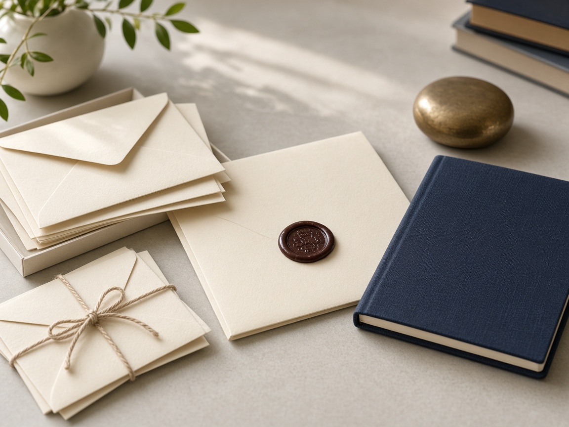 Krem zarflar, kapalı defter ve pirinç ağırlık.
